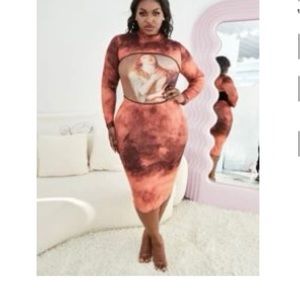 SHEIN SXY Plus Tie Dye Figure Graphic Contrast Binding Mock Neck Bodycon Dress
